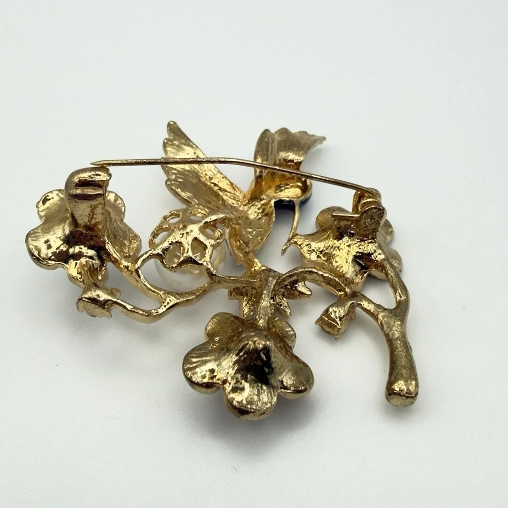 Hummingbird & Peacock Brooch Set Gold Tone Rhinestone Enamel Bird Pins